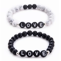 Howlite and black matte lava stone beaded couple bracelets with LOVE letter charm detail - Couple Set