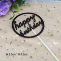 Black acrylic Happy Birthday cake topper with 8.5cm round frame and cursive text - Round HB Black
