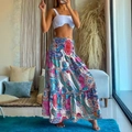 High waist paisley print maxi skirt with elastic waistband in bohemian style fabric - Blue