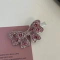 Pink rhinestone bow hair clip with silver alloy duckbill clasp on a card - Silver/Pink Zirconia-Full Pave Bow