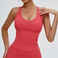 Coral red U-neck yoga tank top with ribbed texture and high-stretch fabric for women - L / Raspberry Red