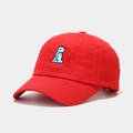 Detailed close-up of a red cotton baseball cap with light blue dinosaur embroidery - M (56-58cm) / Red