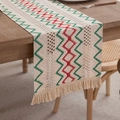 Beige cotton linen table runner with red and green geometric patterns and tassels - Red Green Double Jute Wave Placemat / 30x50cm