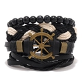 Men's 4pcs multilayer leather bracelet set with bronze rudder charm and black beads - HTK002-B Bronze Rudder Style