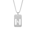 Detail of silver stainless steel rectangular dog tag pendant with cutout letter N on box chain - Letter N