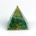 Orgone pyramid with green crystal chips, gold foil, and spiral coil for office decor - Green Glass