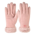 Pink thermal winter gloves for women featuring plush faux fur cuffs and heart embroidery - One Size / Pink
