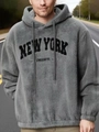 Felpa grigia da uomo in pile con cappuccio e stampa New York e coulisse stile casual - S / Grigio