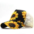 Detail of sunflower embroidered trucker hat with breathable mesh back and cotton fabric - Adjustable / Sunflower Print Style (09)