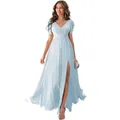 Elegant light blue long chiffon bridesmaid dress with V-neck, ruffles, and high slit - S (US 2) / Light Blue