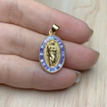 Macro detail of oval gold religious pendant with purple shell inlay and Jesus relief - Purple