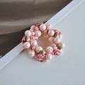Pink satin rose hair tie with artificial pearls and green leaf accents for women - 2# Pink Rose Faux Pearl Hair Tie