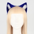 Cosplay cat ears headband in navy blue and white plush fur on a blonde model - Blue White