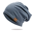 Slouchy dark blue knit beanie with leather F&S tag for a casual streetwear style - Gray Blue