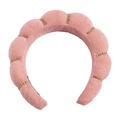 Pink plush sponge headband with twisted design and sparkling rhinestones on white background - Single Headband (Terry Cloth) / Elegant Pink with Rhinestones