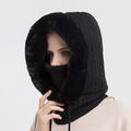 Winter knitted ski mask hood with warm faux fur lining in deep black finish - Black