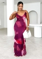 Detail of ruffle trim and tie-dye print on a slim fit maxi dress with fishtail hem - S / Red-Pink Gradient