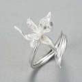 Unique S925 sterling silver adjustable iris flower ring with matte petal texture - Silver