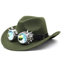 Steampunk olive green felt cowboy hat featuring silver spiked kaleidoscope goggles - Army Green