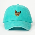 Close-up of brown hen embroidery on a teal washed cotton canvas baseball cap - One Size / Lake Blue