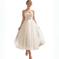 Elegant white spaghetti strap A-line midi dress with sweetheart neckline for party - US size 2 (S) / Top And Bottom / Ivory White