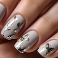 Short square press-on nails with elegant grey base and metallic gold butterfly art - Gray Base Gold Butterfly Style (With Yellow Jelly Glue and Nail File)