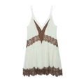 Mini robe blanche crème pour femmes avec dentelle marron foncé et motifs floraux - XS / Blanc cassé avec dentelle marron
