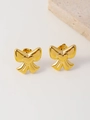 Golden bow stud earrings with 14K vacuum plating and a 3D heart center on cream background - Heart Bowknot Studs / Gold