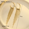 Detail shot of 10cm gold tassel earrings with weight and size specs on a tray - Gold Hoop Chain Tassel