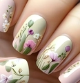 Close-up of glossy press-on nails with delicate floral hand-painted art in pastel tones - Pastoral Floral Painting (CW561)