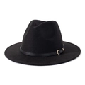 Detail of black wool fedora hat featuring a thin leather band and gold metal buckle - M(56-58cm) / Black + Black Belt