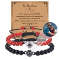 Set de pulseras de proyección de fotos con cuentas de piedra natural rojas y negras - Juego de Piedra con Patrón Rojo y Negro Mate (Couple Bracelet-5)