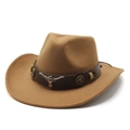 Detail of vintage bull head metal ornament and faux leather band on wool felt cowboy hat - M (56-58cm) / Light Coffee