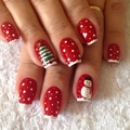 Short Christmas press-on nails featuring red snowman and tree patterns with white snowy dots - Yellow Jelly Glue Set / CW370 Red