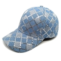 Berretto da baseball in denim blu con paillettes argento e motivo a scacchi con rombi - M(56-58cm) / Azzurro
