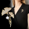 Elegant gold ginkgo leaf brooch with sparkling white crystals and a round pearl - Ginkgo Leaf Full Diamond