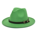 Detail of bright green wool fedora hat featuring a brown leather belt with metal buckle - M (56-58cm) / Grass Green
