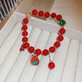 Handwoven red beaded bracelet with golden Lucky Cat charm for festive New Year style - Lucky Cat 'Ji' Character Style (8# Bracelet-Red)