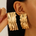 Golden rectangular earrings with textured ripple design in high-quality metallic finish - Wavy Rectangular Style (8198) / 05 KC Gold Striped