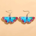 Blue butterfly acrylic earrings with vibrant purple and red spots on light background - Blue Spotted Butterfly (DZ-457)