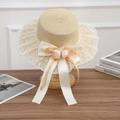 Beige summer straw sun hat with white lace brim and pink floral ribbon accents - Flat Top Flower Knot Beige