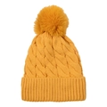 Mustard yellow cable-knit beanie with a fluffy faux fur pompom and ribbed cuff - Yellow
