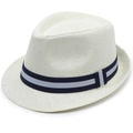 Detail of white woven straw fedora hat featuring a classic navy and gray decorative ribbon - M (56-58cm) / Off-white with Ribbon