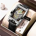 Men's rectangular skeleton mechanical watch with silver case and black leather strap - Black Leather Silver