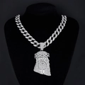 Silver iced out Jesus piece pendant on cuban chain shown on a black velvet bust display - Necklace Set (With Cuban Chain) / Silver