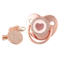 Close-up of luxury rose gold pacifier with pink rhinestone heart and matching clip - Rose Gold Heart
