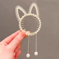 Pince à cheveux perles oreilles de chat avec strass et longues chaînes à pompons - Oreille de Chat