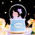 Pink and blue cherry blossom snow globe with a cute cartoon boy figurine and colorful lights - Large Internal Rotation + Snow + Light + Music / Happy Birthday Boy (2395 Blue Base)