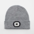 Gray knitted beanie with integrated LED headlamp for winter warmth and outdoor visibility - 6-LED Style / Light Heather Grey