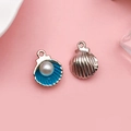 Silver shell charm with blue enamel inlay and white pearl detail for DIY jewelry - Lake Blue Pearl Shell 12x15mm